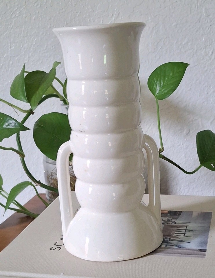 Art Deco Czech White Ceramic Vase Double Arm Ribbed 8.5" 40s Vintage Mid Century