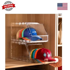 2 Pack Hat Organizer for Baseball Caps Stackable Clear Display Box with Sli...