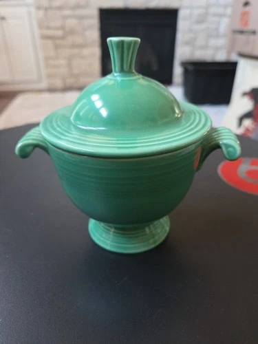Vintage Fiestaware Homer Laughlin Light Green Scroll Handles Sugar Bowl Mint!