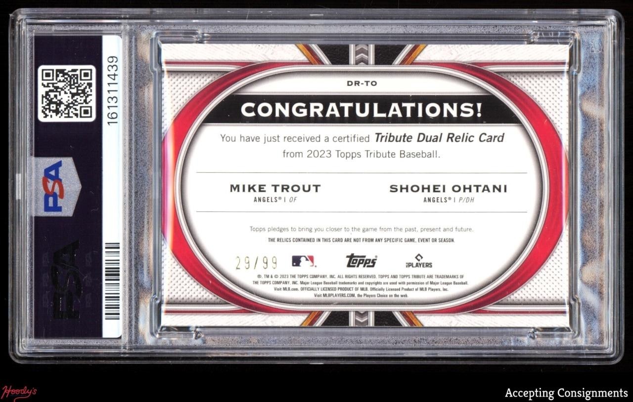 2023 Topps Tribute Green Dual Mike Trout Shohei Ohtani GAME USED BAT /99 PSA 9 view 2