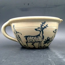 Wisconsin Pottery Batter Bowl Mixing Two Deer Stag 1989 LR Salt Glazed Columbus