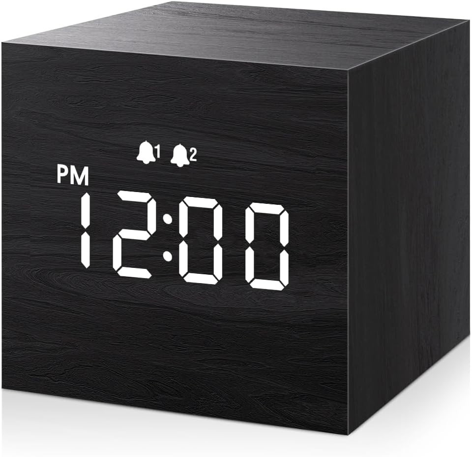Mini Wooden Digital Alarm Clock LED Display 3 Alarms Small Cube Desk Bedside