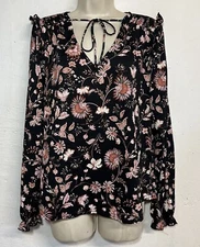Melloday Medium Top Black Pink Floral Long Sleeve Tie V-Neck Stretch Top 