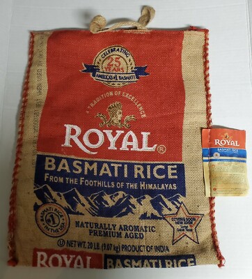 Empty 20 Lb Royal Basmati Rice Burlap Bag Tote W/Zipper and Handles BAG ONLY