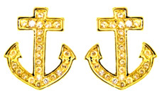 Ancre Boucles 18kt or Jaune Zircone Rond Transparent Pierres Vie Marine Clou Fin