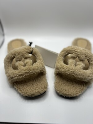 NWB Gucci GG Cut Out Shearling Fur Flats Slip Ons Slides Sandals SZ 39 771058