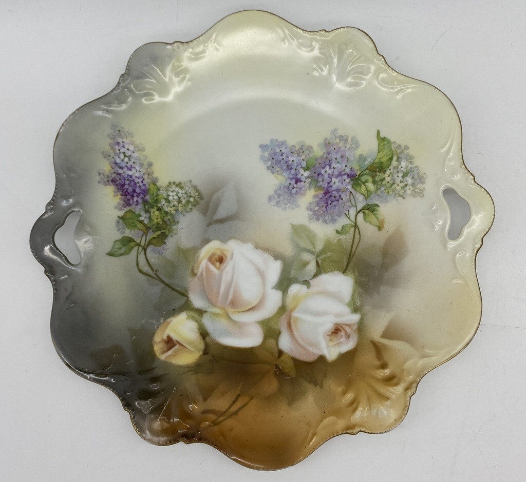 Rare RS Germany Hand-Painted 10-inch Cake Plate with Roses and Lilacs