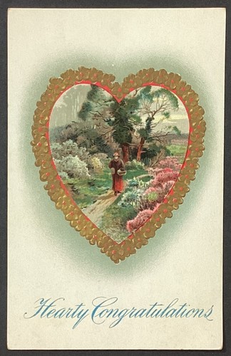 Hearty Congratulations Heart Vintage Embossed Postcard Unposted