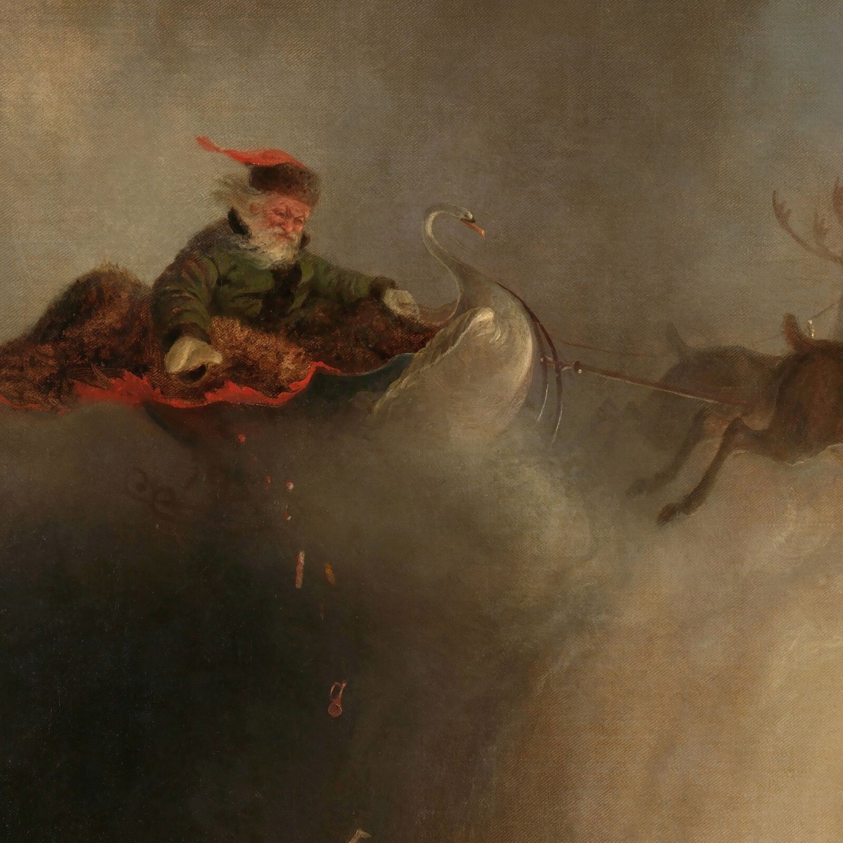 Antique Santa Claus and Reindeer Painting Giclee Print on Fine Art