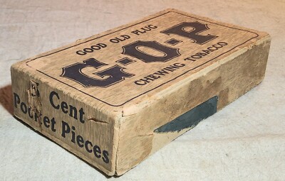plug chewing tobacco brands RARE 1907 GOOD OLD PLUG (G-O-P) CHEWING TOBACCO P.J. SORG AMERICAN T. PAPER  BOX