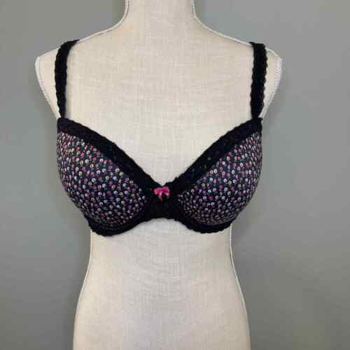 Pink Lace Wing Black Floral Demi Bra, 36D - Picture 1 of 5