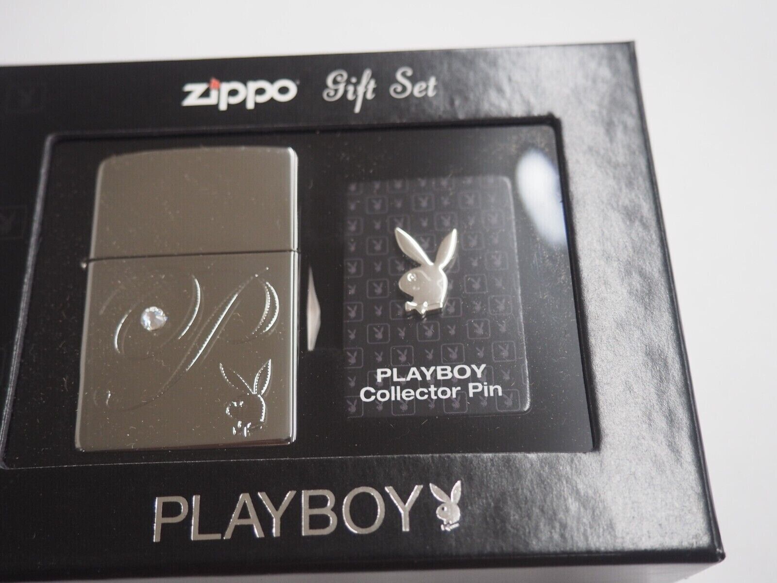 L.E. Polished Chrome Engraved Swarovski  Crystal Playboy Zippo Lighter & Pin Set