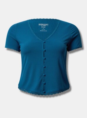 Torrid Fitted Rib V-Neck Lace Trim Button Crop Tee Blue 2 2X 18 20 #E60460