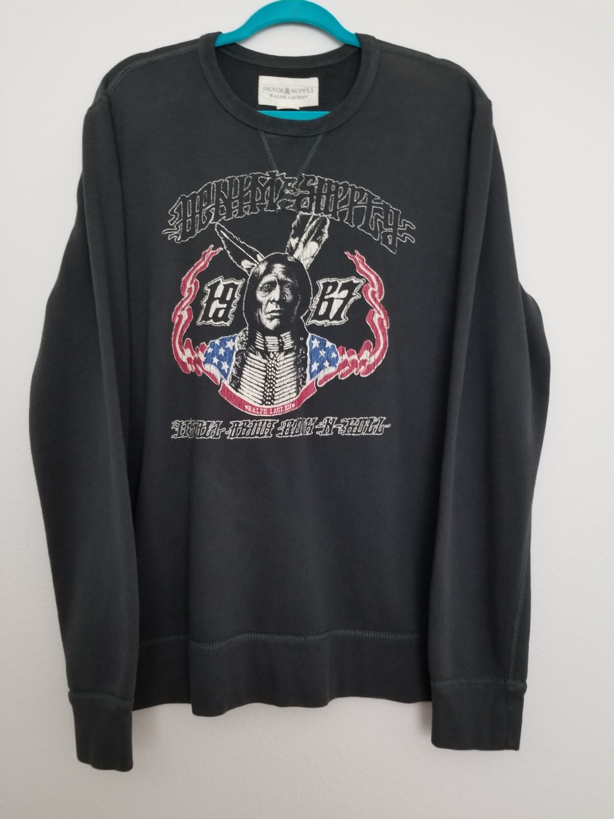 Ralph Lauren Denim & Supply Charcoal Color Sweatshirt Native Indian Chief Sz XL