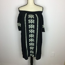 Ann Taylor Loft Off the Shoulder Shift Dress Size S Womans Navy Embroidered Boho