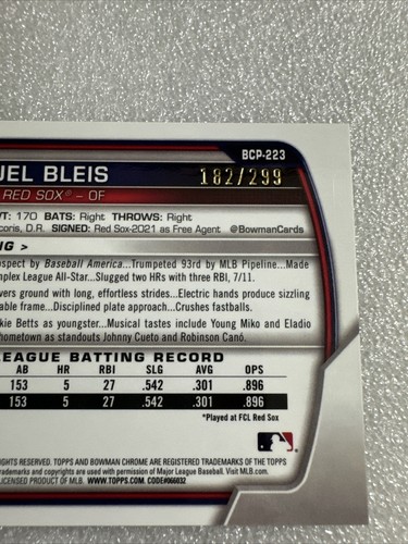 2023 Bowman Chrome Mega Prospects•Purple Refractors•BCP223 Miguel Bleis 182/299 - Picture 3 of 4