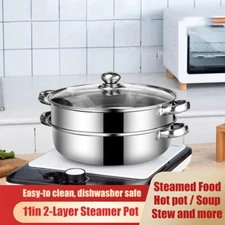 2-Layer Stainless Steel Cooking Wok Soup Stew Pot Steamer with Lid Glass Cover