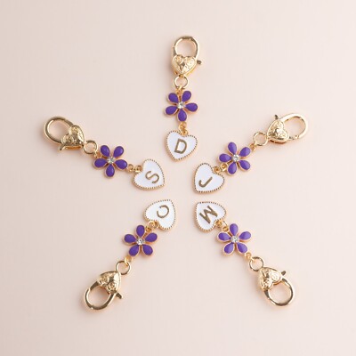 Cute Purple Flower Personalised Initial Letter Heart Charm Keychain Keyring Gift