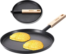 8-Inch Frying Pan Skillet Flat Crepe Pan, Lightweight Grill Pan with Wooden Hand