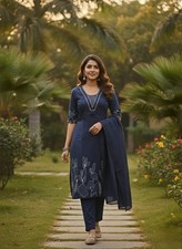 Women Cotton Kurta Set Embroidered Kurti Pants Dupatta Indian Ethnic Wear