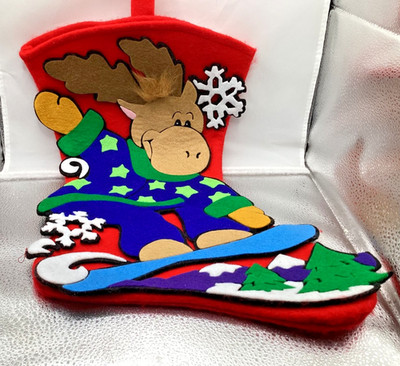 3D Moose On Snowboard 19.5  Long Christmas Stocking