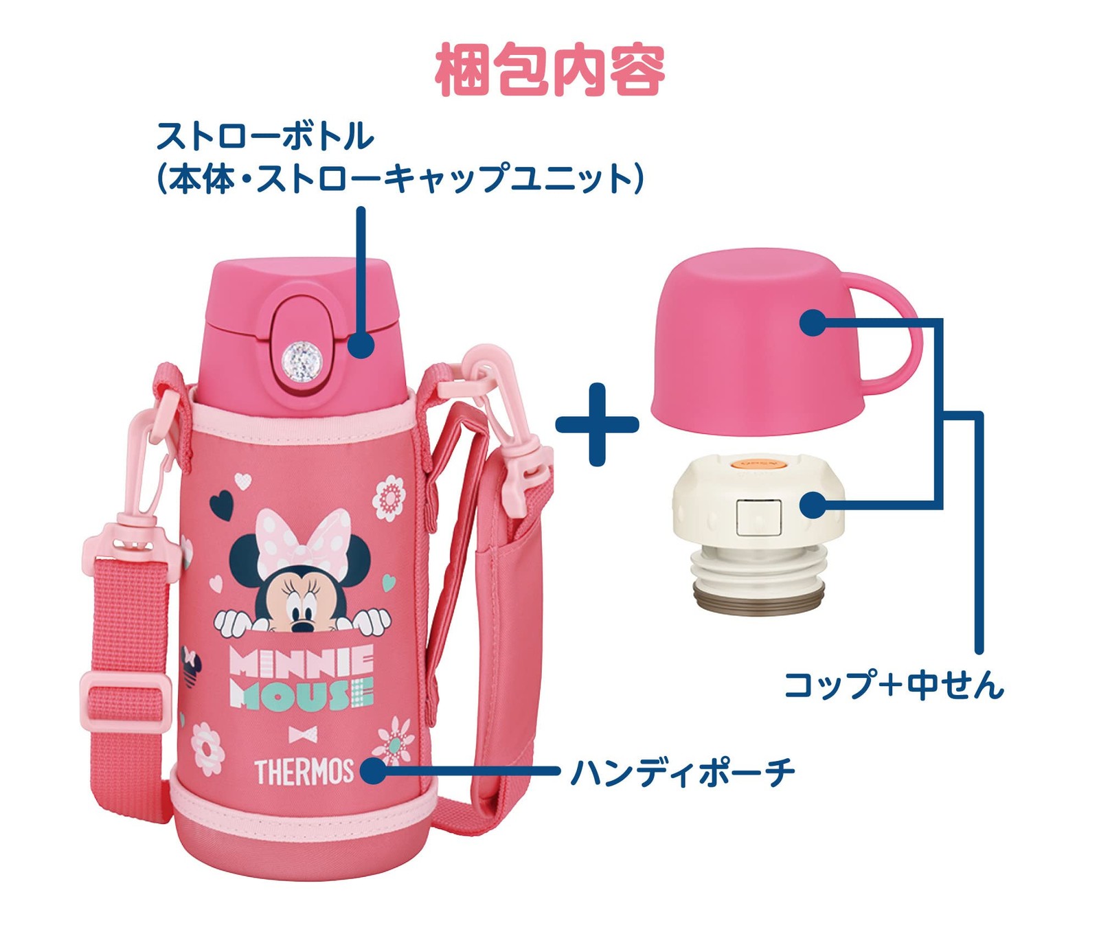 THERMOS Vacuum Insulated 2-Way Bottle 0.6L/0.64L Minnie Coral Pink Straw Cup