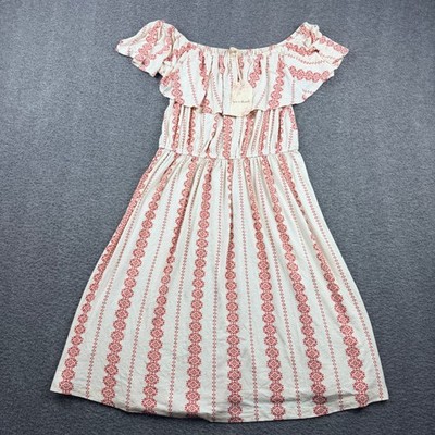 Hem & Thread Off Shoulder Boho Dress S Small Cream Red Medallion Stripe Ruffle