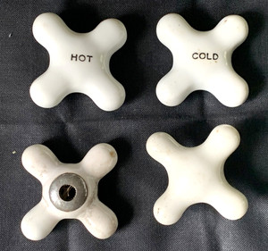 ANTIQUE VINTAGE WHITE PROCELAIN CROSS KNOBS BATH SINK COLD, HOT,  LOT OF 4