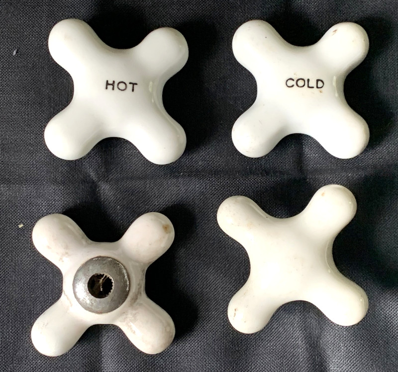 ANTIQUE VINTAGE WHITE PROCELAIN CROSS KNOBS BATH SINK COLD, HOT,  LOT OF 4