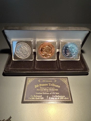 1917 Mexico 20 Pesos Tribute Reserva Premium 3 x 1 oz Silver Medal Set