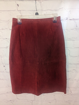 Vintage Terry Lewis A-Line Deep Red Leather Back Slit Zippered Lined Skirt Sz. 8