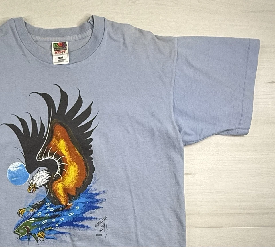 Vtg Majestic Bald Eagle Catching Fish Shirt Nature Single Stitch Art 90s USA L - Image 4 of 4