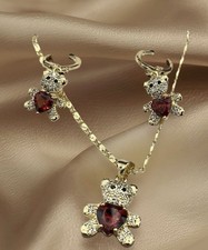 18k Gold Filled Teddy Bear Jewelry Set Heart Red Stones Earrings Necklace