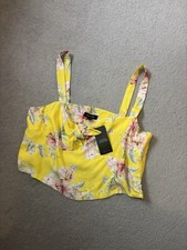 New Look Yellow Tropical Floral Tie Front Crop Top - Size 16