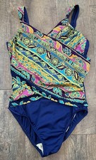 Lands  End Vintage One Piece Swimsuit Size 14 Blue Floral Surplice Made USA