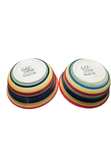 Lot Of 2 Swirl Hand Painted Collection Bowls Multi Color Stripe 6 5/8" MCM Retro - Picture 2 of 14