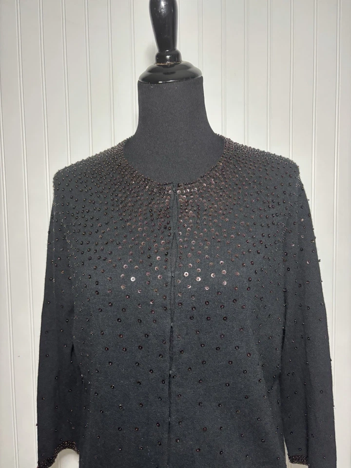 Cárdigan Suéter Ann Taylor Lentejuelas XL Negro Cobre Lana Cabello de Conejo Manga 3/4 Foto 4 de 4