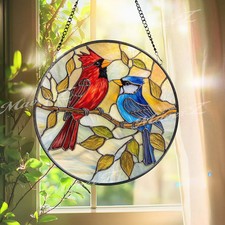 Cardinal Blue Jay Stained Glass Style Suncatcher