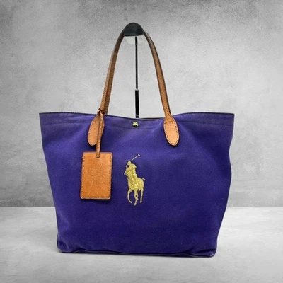 Sac fourre-tout Ralph Lauren en toile violette Big Pony poignée en cuir A4 au... - Photo 1/4