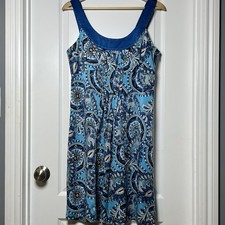 Ann Taylor Blue Baroque Print Fit & Flare Dress Mod 60s Maximalist Boho Style