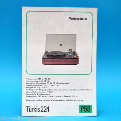 Turquoise 224 Turntable German Democratic Republic 1976 | Brochure Advertising Advertising Sheet Dewag P58 D