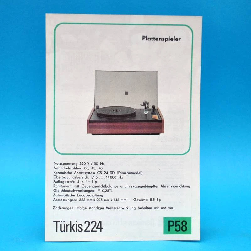 Türkis 224 Plattenspieler DDR 1976 | Prospekt Werbung Werbeblatt DEWAG P58 - Bild 1 von 1