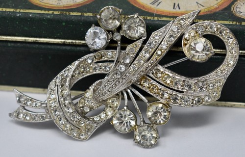 Vintage Brosche signiert 30er-40er Jahre Staret klar Strass Band Blumenstrauß - Bild 1 von 6