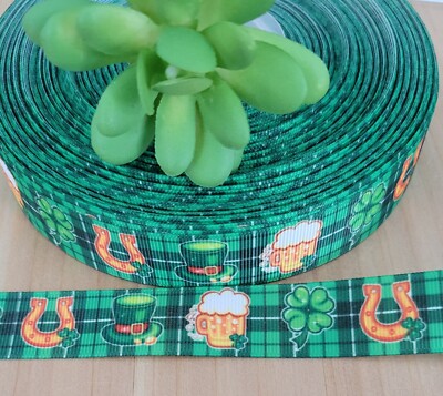 7/8'' (1 YD) St. Patrick s Day Grosgrain Ribbon Four-Leaf Clover Beer Lucky 