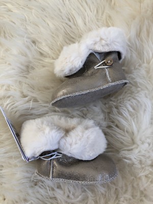 ZARA MINI BABY TURN DOWN FUR BOOTS SOFT LEATHER SHOES GOLD IVORY 6-9 M 1/2  NEW