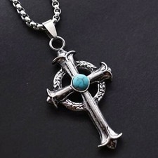 Mens Vintage Celtic Cross Pendant Necklace Stainless Steel Chain 24"