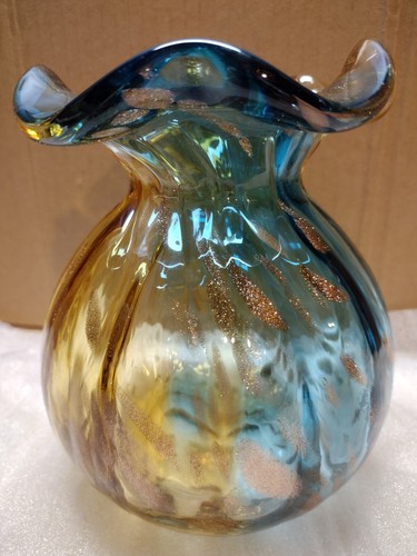 Hanabass Hand Blown Glass Vase. Goldish And Blue, 6-7 Inches Tall. - 第 4/11 張圖片