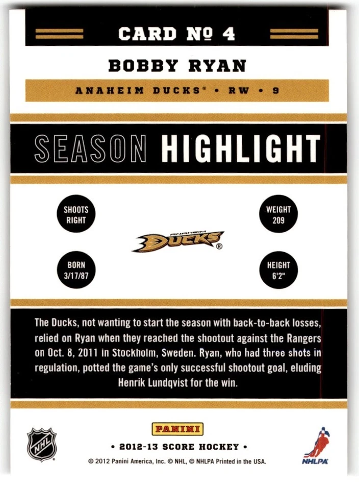 Bobby Ryan 2012-13 Score Gold Rush Highlight #4 Anaheim Ducks - Image 2 of 2