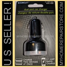 US SELLER! FREE S&H!— E-CIRCUIT 2.1 AMP—DUAL PORT USB —RAPID CHARGE— CAR CHARGER
