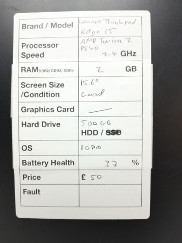 Lenovo Thinkpad Edge 15 - AMD Turion 2 P540 2.4GHz - 2GB Ram - 15.6" - 500GB ... - Picture 3 of 7